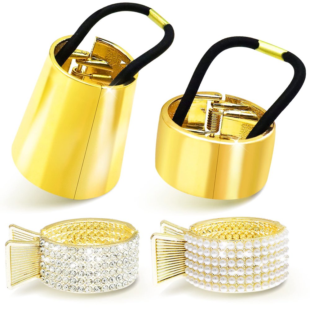 4 Pieces Metal Ponytail Cuff Set Golden Circle Hair Cuffs Pearl Rhinestones Hair Clips Elastic Hair Tie Fashion Gothic Punk Hair Holder Accessory