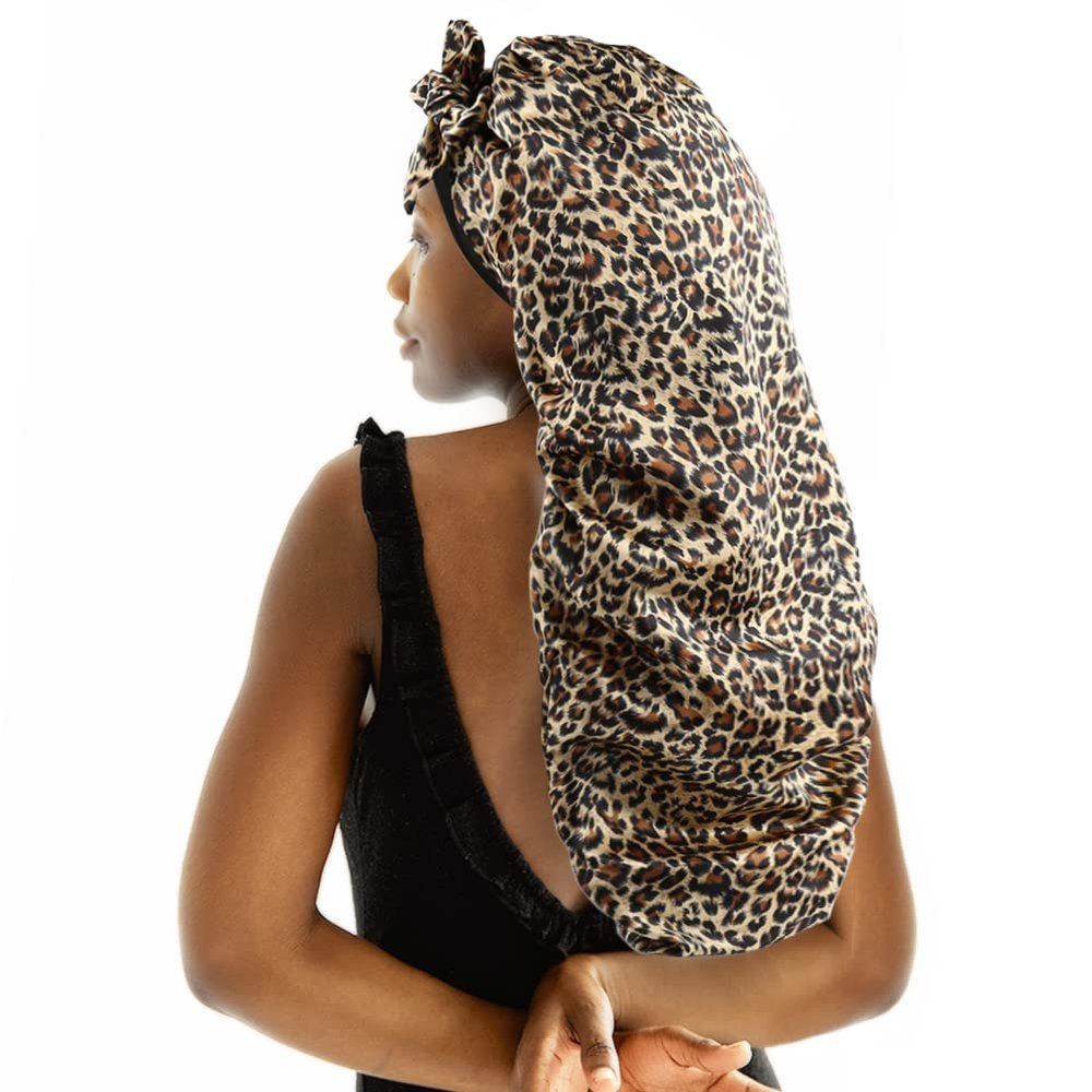 greatremy Braids Bonnet Extra Large Long Hair Braids locs Bonnet Scrunchie Behind Ear Double Layer Silky Satin Sleep Scarf Bonnet Cap with tie Band for Women Leopard Grain