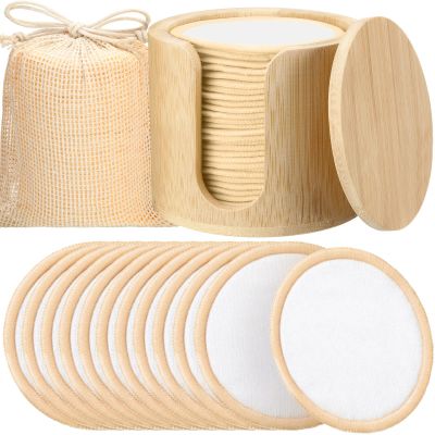 Foaincore 40 Pcs Reusable Makeup Remover Pads with Mesh Storage Bag and Bamboo Box Washable Bamboo Cotton Rounds Soft Reusable Face Pad for Toner Skin Various Skin Care Products(White, Tan)