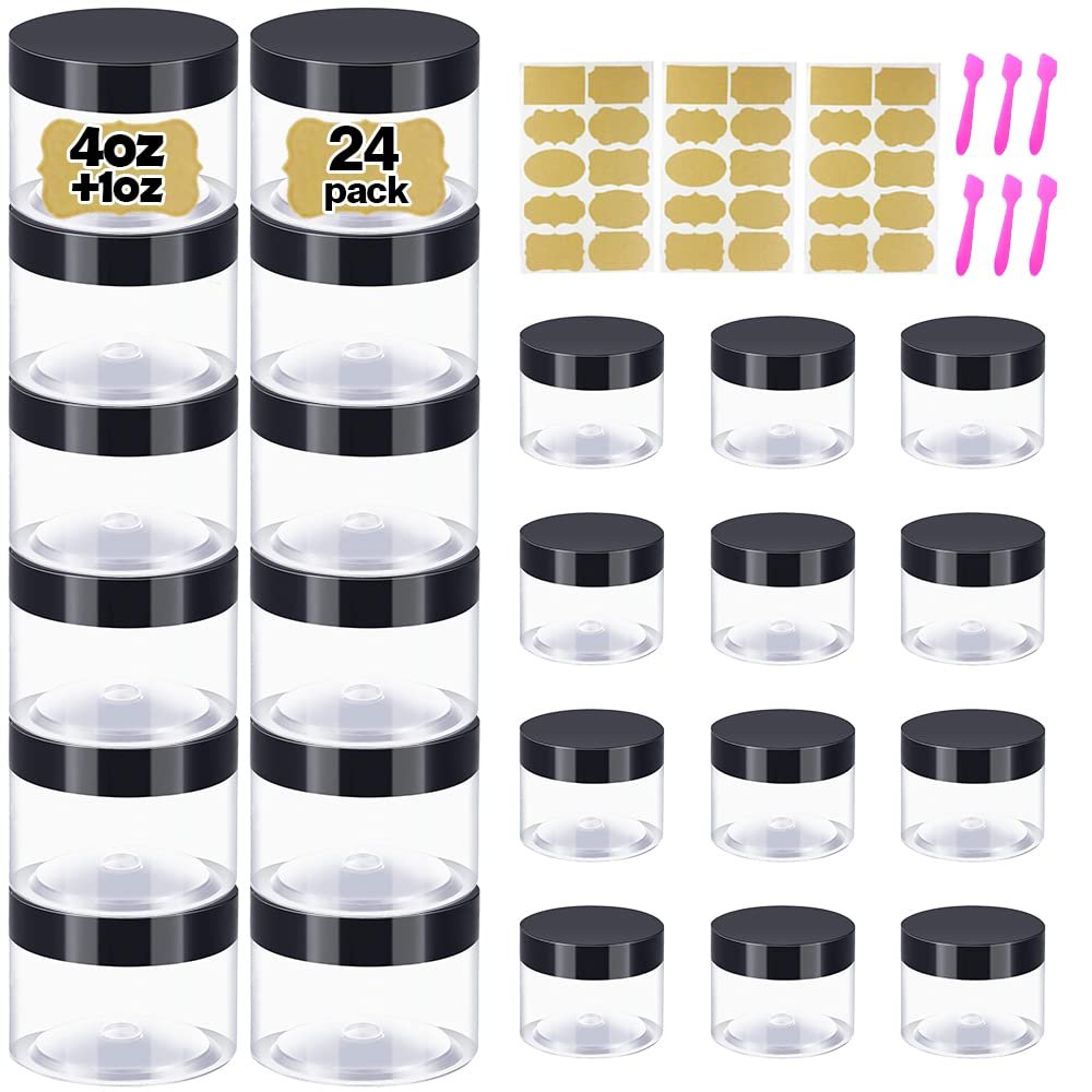 4 oz Plastic Containers with Lids + 1oz Small Containers (Set of 24) - Plastic Jars for Lip Scrub, Body Butters, Cream, Slime, Craft Storage