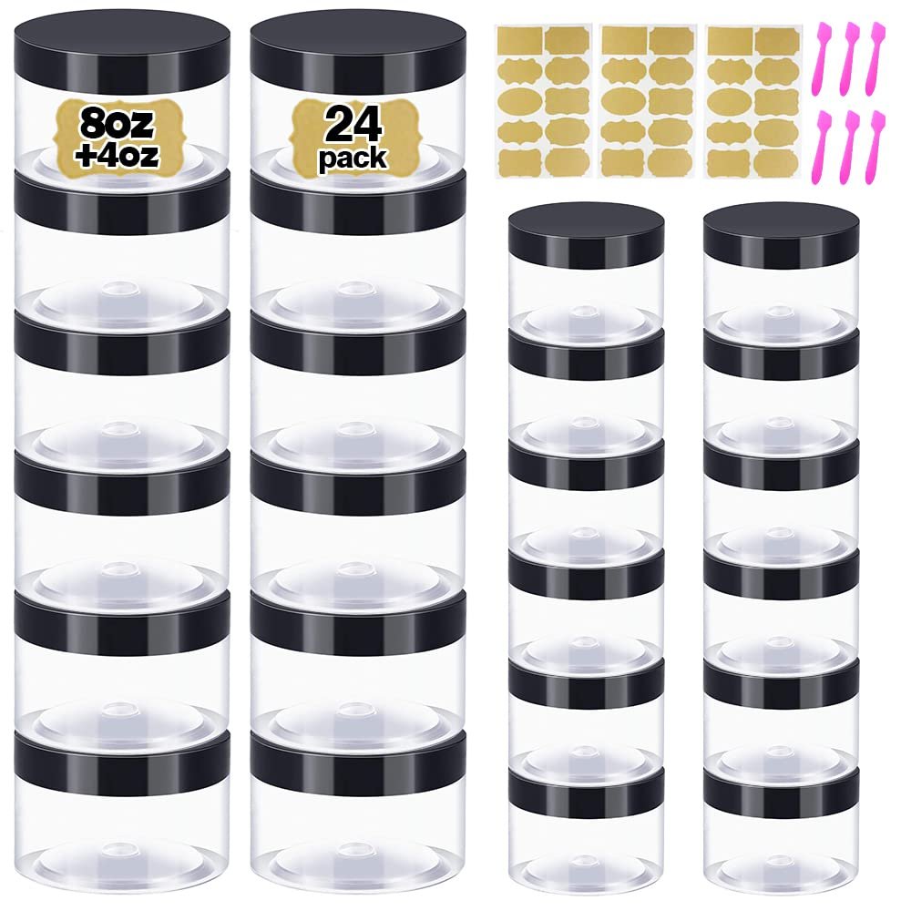 8 oz Plastic Containers With Lids + 4oz Small Containers (Set of 24) - Plastic Jars for Lip Scrub, Body Butters, Cream, Slime, Craft Storage