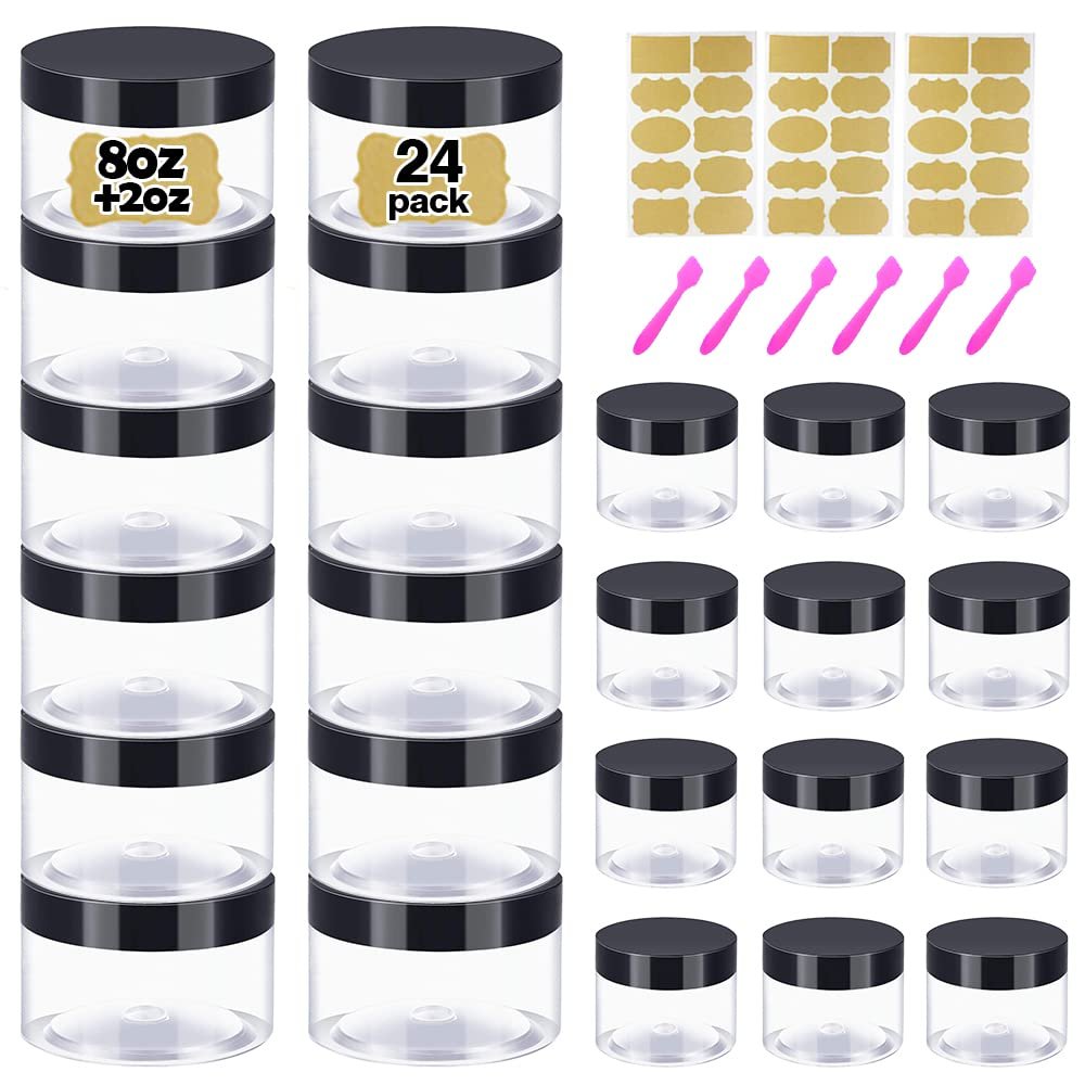 8 oz Plastic Containers with Lids + 2oz Small Containers (Set of 24) - Plastic Jars with Lids for Lip Scrub, Body Butters, Cream, Slime, Craft Storage