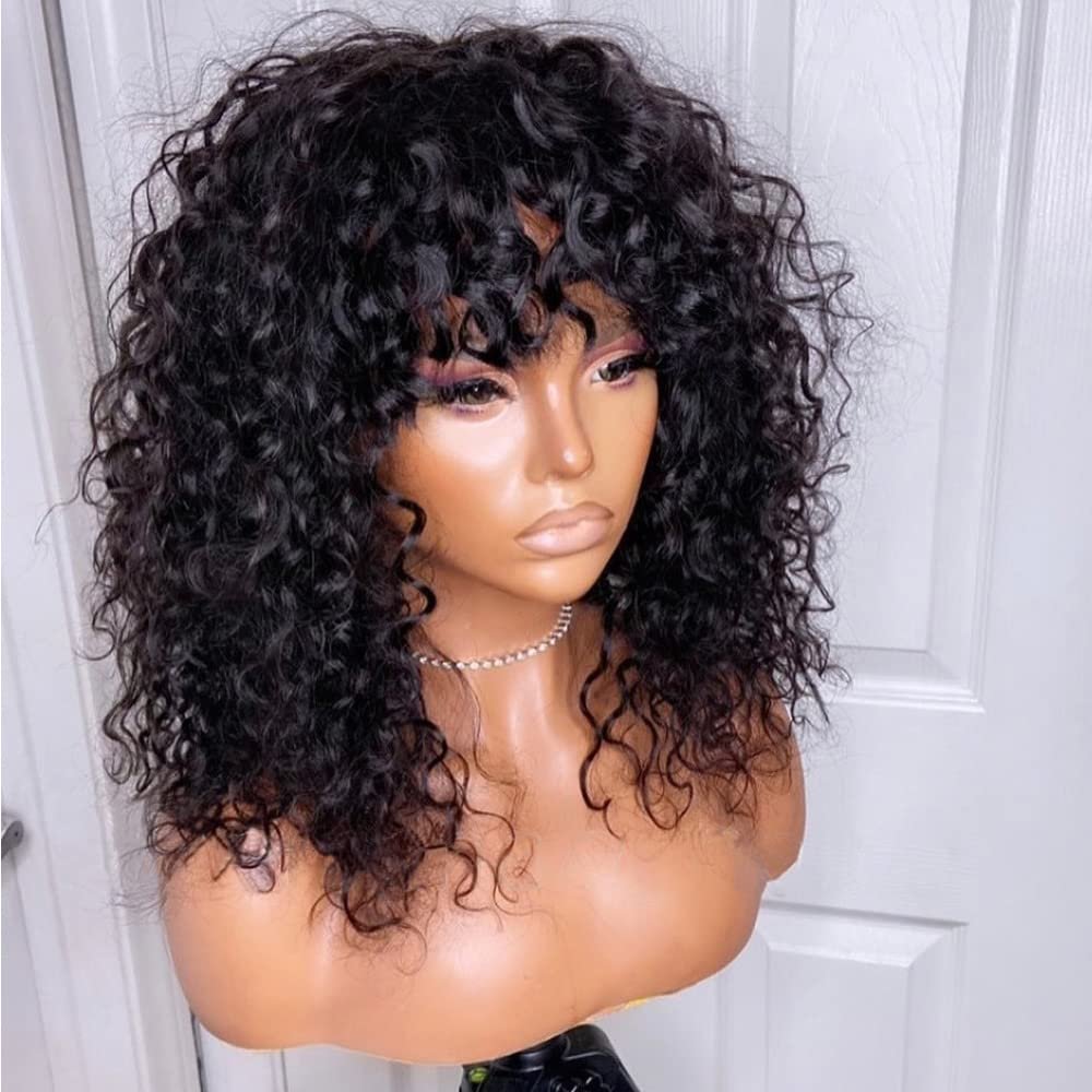 RHEANNA Curly Human Hair Wigs With Bangs 180 Density Glueless Water Wave Bang Wig Human Hair For Black Women Natural Black Machine Made Wig With Bangs 22inch