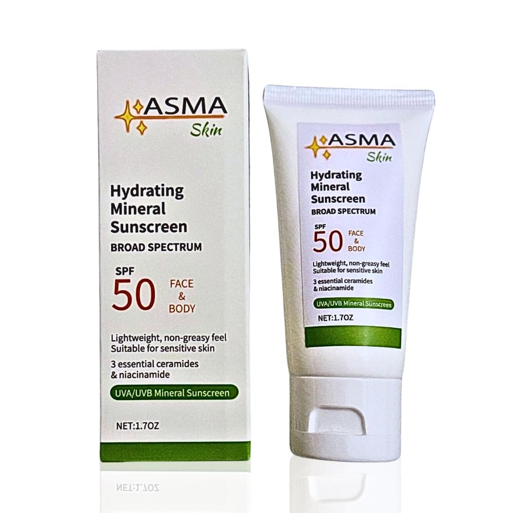 ASMA Hydrating Mineral Sunscreen SPF 50 with Face Moisturizer | Broad Spectrum UVA/UVB Protection | 9% Titanium Dioxide + 7% Zinc Oxide | Tinted Sunblock for All Ages & Skin Types