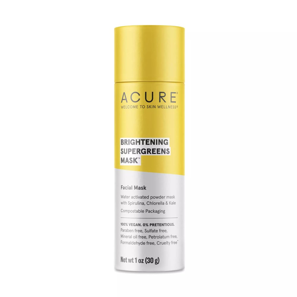 Acure Brightening Supergreens Mask - Concentrated Green Facial Mask to Cleanse, Detoxify, and Moisturize - Water-Activated Powder Face Mask with Spirulina, Chlorella & Kale - All Skin Types 1 oz
