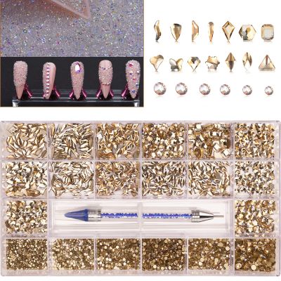 8000Pcs Mini 1.2mm Nail Rhinestones Sand Nail Diamonds Micro Pixie Crystals for Nails+Champagne Gold Nail Rhinestones Gems Stones Jewels Multi Round Shape for Nail Art Crafts with Wax Pen HINABTRU
