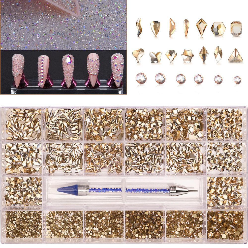 8000Pcs Mini 1.2mm Nail Rhinestones Sand Nail Diamonds Micro Pixie Crystals for Nails+Champagne Gold Nail Rhinestones Gems Stones Jewels Multi Round Shape for Nail Art Crafts with Wax Pen HINABTRU