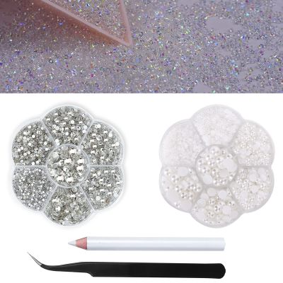8000Pcs Mini 1.2mm Rhinestones Sand Nail Diamonds Micro Pixie Crystals for Nails+2box Rhinestone Half Pearls Beads for Crafts-Clear Face Gems Makeup Eye Jewels Pearls with Wax Pen Tweezers HINABTRU