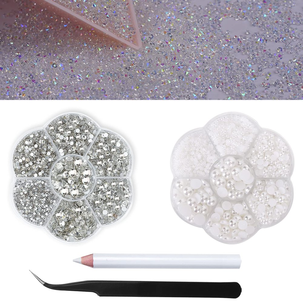 8000Pcs Mini 1.2mm Rhinestones Sand Nail Diamonds Micro Pixie Crystals for Nails+2box Rhinestone Half Pearls Beads for Crafts-Clear Face Gems Makeup Eye Jewels Pearls with Wax Pen Tweezers HINABTRU