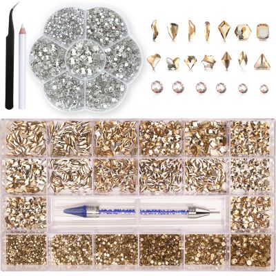 3150pcs Rhinestones Clear Face Gems Makeup Jewels Tooth Eye Diamonds+Champagne Gold Nail Rhinestones Charms Accessories Gems Stones Multi Round Shape for Nail Art Crafts DIY with Wax Pen HINABTRU