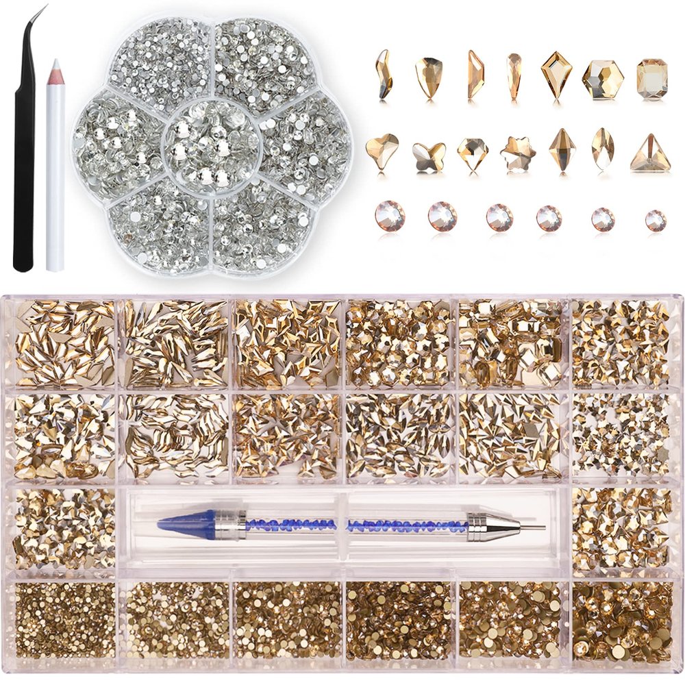 3150pcs Rhinestones Clear Face Gems Makeup Jewels Tooth Eye Diamonds+Champagne Gold Nail Rhinestones Charms Accessories Gems Stones Multi Round Shape for Nail Art Crafts DIY with Wax Pen HINABTRU