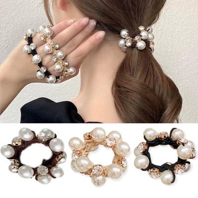 Rhinestone and Pearl Hair Ties for Women and Girls, Elastic Hair Scrunchies, Stretchy Hair Bands for Ponytail, Bun, 3pcs