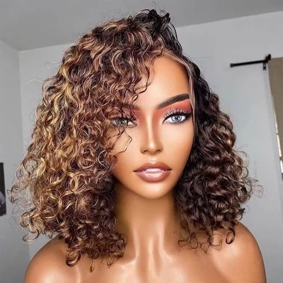180% Density Short Bob Wig 1B4T27 Highlight Ombre Curly Wigs HD Invisible Lace Front Wig Pre Plucked Brazilian Bob Wigs For Black Women Glueless Deep Wave Human Hair Wig 16Inch