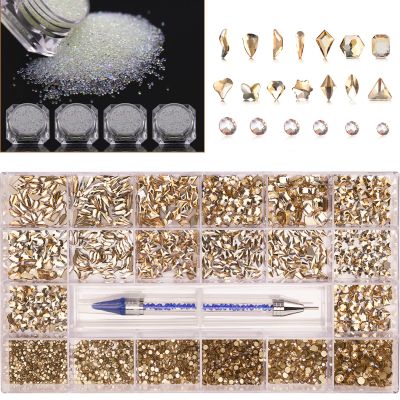 4 Bottle Micro Rhinestones Clear AB Pixie Crystals Nail Caviar Beads+Champagne Gold Nail Art Rhinestones Gems Diamonds Stones Multi Round Shape-Gold Flatback rhinestone for Crafts with Wax Pen HINABTR
