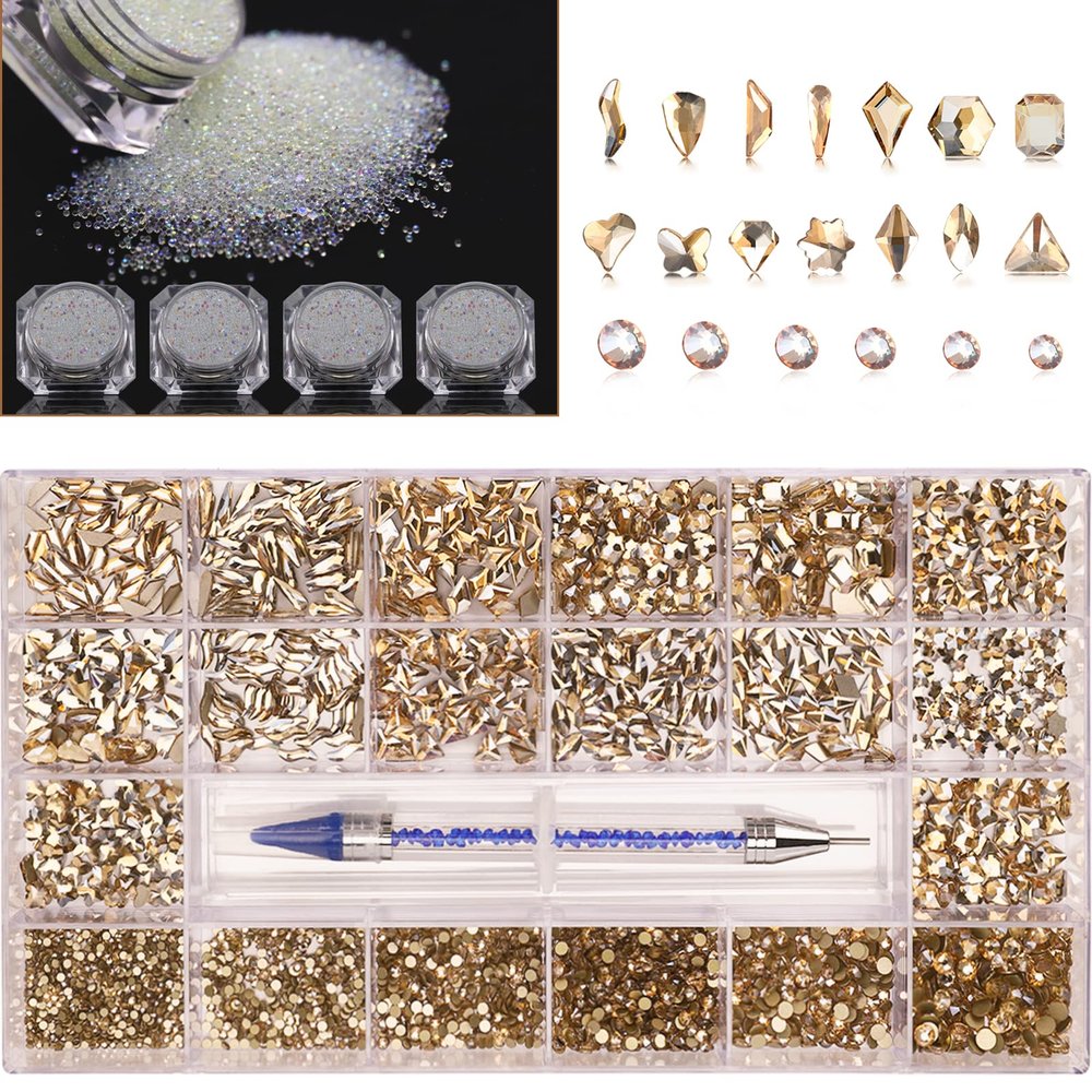 4 Bottle Micro Rhinestones Clear AB Pixie Crystals Nail Caviar Beads+Champagne Gold Nail Art Rhinestones Gems Diamonds Stones Multi Round Shape-Gold Flatback rhinestone for Crafts with Wax Pen HINABTR