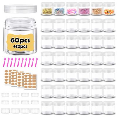 2 oz Plastic Containers with Lids 60pcs Plastic Jars with Clear Lids + 3/5/10 Gram 12pcs Sample Containers Travel Jar Great for Lip Scrub, Body Butters, Cream, Lotion, Labels & Spatulas (72 Pack)