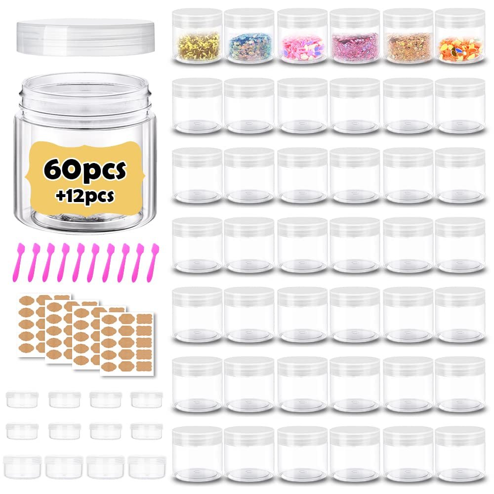 2 oz Plastic Containers with Lids 60pcs Plastic Jars with Clear Lids + 3/5/10 Gram 12pcs Sample Containers Travel Jar Great for Lip Scrub, Body Butters, Cream, Lotion, Labels & Spatulas (72 Pack)
