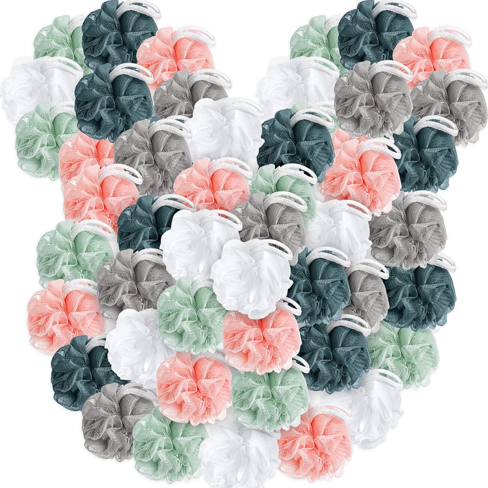 100 Pieces Bath Sponge Shower Loofah Bulk Packs 30gram Body Scrubber Assorted Colors Sponge Ball Soft Mesh Balls Exfoliating Body Shower Pouf Bath Scrunchies for Men and Women