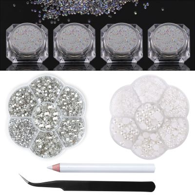 4 Bottle Micro Rhinestones Clear AB Pixie Crystals Nail Caviar Beads+2box Rhinestone Half Pearls Beads for Crafts-White Pearl for Nails Clear Face Gems Makeup Eye Jewels with Wax Pen Tweezer HINABTRU