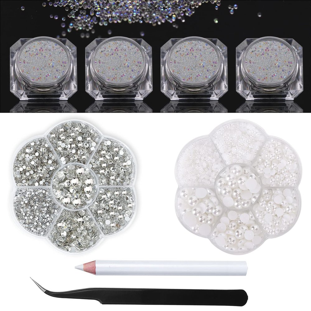 4 Bottle Micro Rhinestones Clear AB Pixie Crystals Nail Caviar Beads+2box Rhinestone Half Pearls Beads for Crafts-White Pearl for Nails Clear Face Gems Makeup Eye Jewels with Wax Pen Tweezer HINABTRU