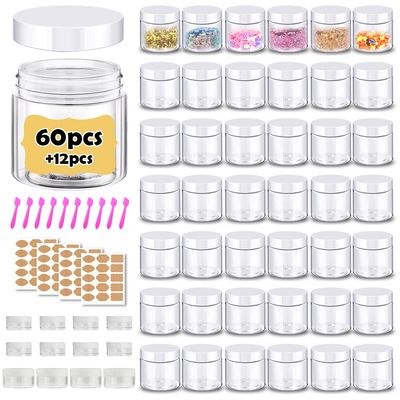 2 oz Plastic Containers with Lids 60pcs Plastic Jars with White Lids + 3/5/10 Gram 12pcs Sample Containers Travel Jar Great for Lip Scrub, Body Butters, Cream, Lotion (72 Pack)