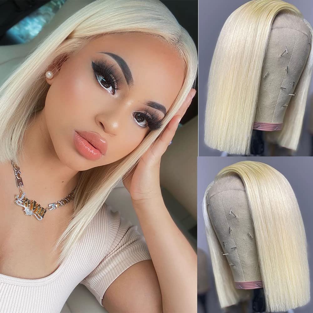 10 Inches Blonde Bob Lace Front Wigs for Women 4x4 Closure Human Hair Wigs 613 Bob Wigs with Natural Hairline Glueless Thick HD Transparent Lace Frontal Wigs Pre Plucked with Bleached Knots 150 Denisty