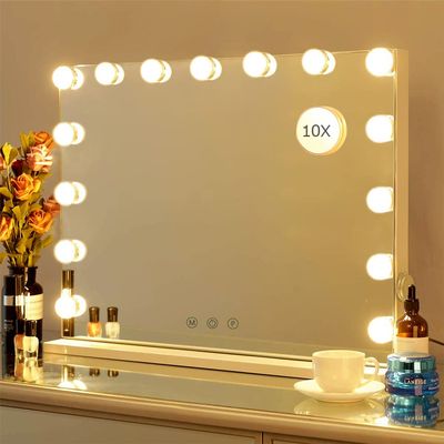 Bitity Vanity Makeup Mirror with Lights,10X Magnification,Large Hollywood Lighted Vanity Mirror with 15 Dimmable LED Bulbs,3 Color Modes,Touch Control,Tabletop or Wall-Mounted(23in), White