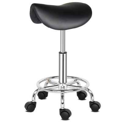 Kcelarec Saddle Stool with Foot Rest PU Leather Swivel Adjustable Rolling Stool with Wheels Facial Salon Chair (Black)