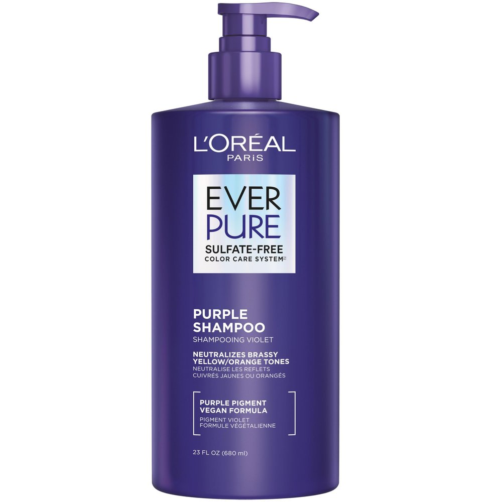 LOreal Paris Sulfate Free Brass Toning Purple Shampoo for Blonde, Bleached, Silver, or Brown Highlighted Hair, EverPure, 23 Fl Oz (Packaging May Vary)