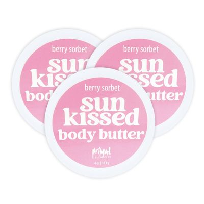 Primal Elements Sunkissed Body Butter with Coconut Oil, Shimmering Moisturizer for Ultimate Hydration and Nourishment, Suitable for All Skin Types, Instant Glow Berry Sorbet, 3 pack (4 oz each)