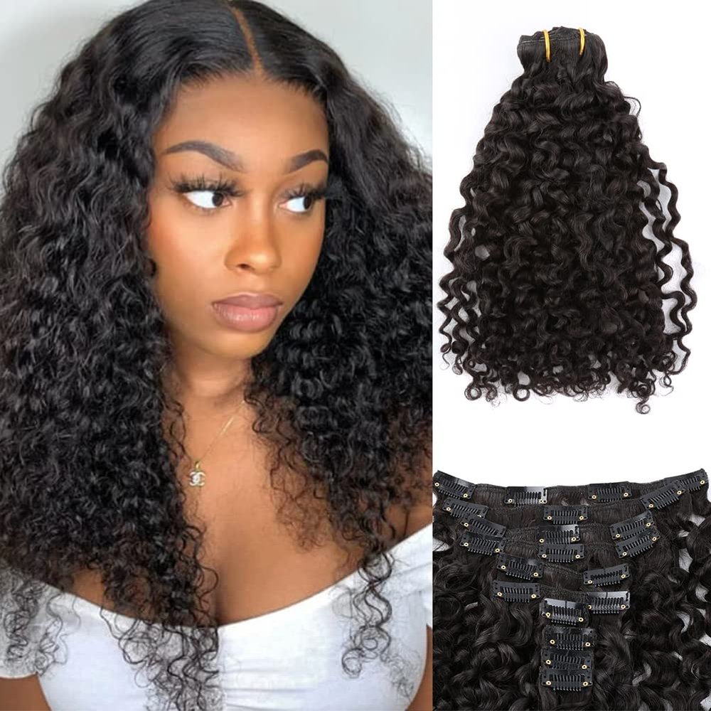 Greatremy Curly Wave Clip in Brazilian Human Hair Extensions for Women 10PCS Thick Hairpieces with 21Clips Double Lace Weft 160 Gram Per Set (12inch, Natural Black)