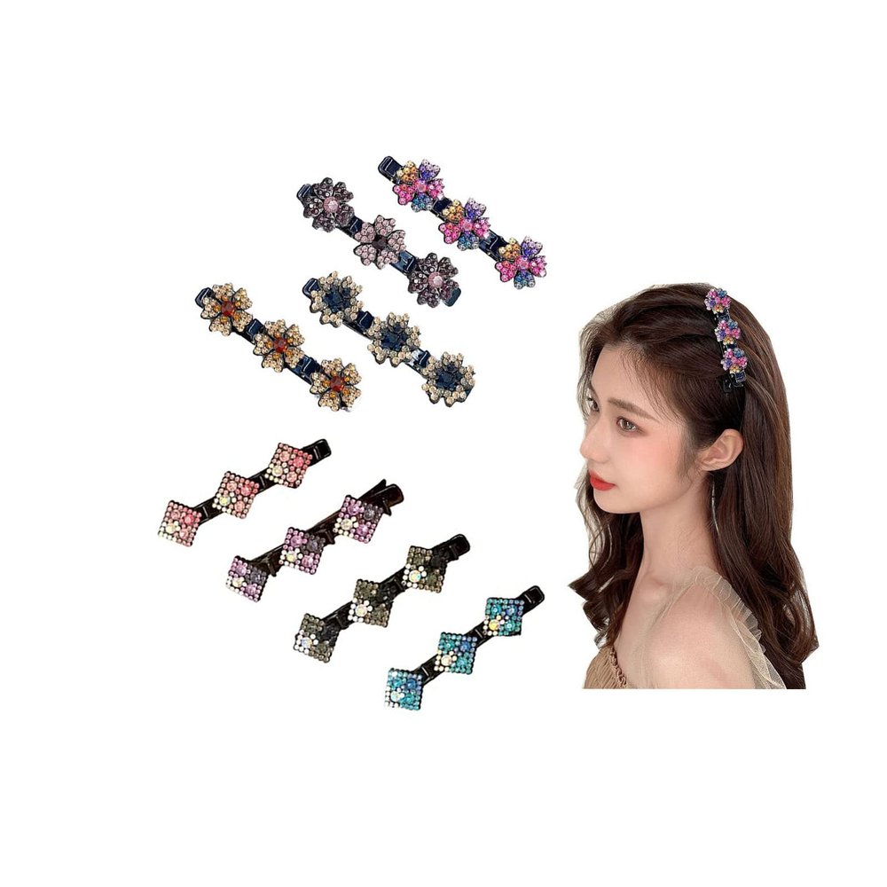 8PCS Sparkling Crystal Stone Braided Hair Clips for WomenFour-Leaf Clover Chopped Hairpin Duckbill ClipMulti Clip Hair BarretteTriple Hair Clips with Rhinestones for Sectioning ((B+D))