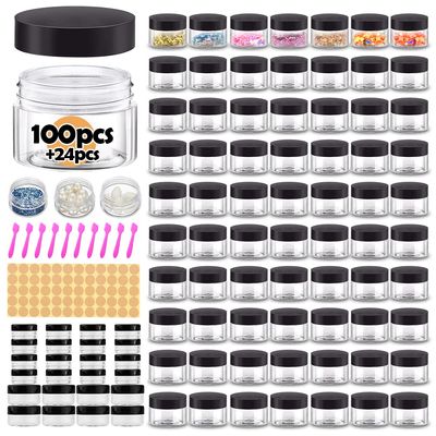 1 oz Plastic Containers with Lids 100pcs Plastic Jars with Lids + 3/5/10 Gram 24pcs Sample Containers Travel Jar Great for Lip Scrub, Body Butters, Cream, Lotion, Labels & Spatulas (124 Pack)