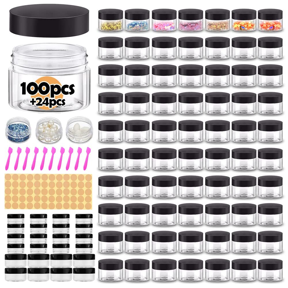 1 oz Plastic Containers with Lids 100pcs Plastic Jars with Lids + 3/5/10 Gram 24pcs Sample Containers Travel Jar Great for Lip Scrub, Body Butters, Cream, Lotion, Labels & Spatulas (124 Pack)