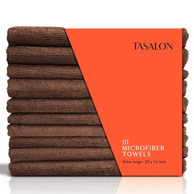 TASALON Microfiber Hair Towel for Salon - 10 Pack - 29 x 16 Inches, Quick Dry and Ultra-Soft Facial Towels with Soft Absorbant - Brown