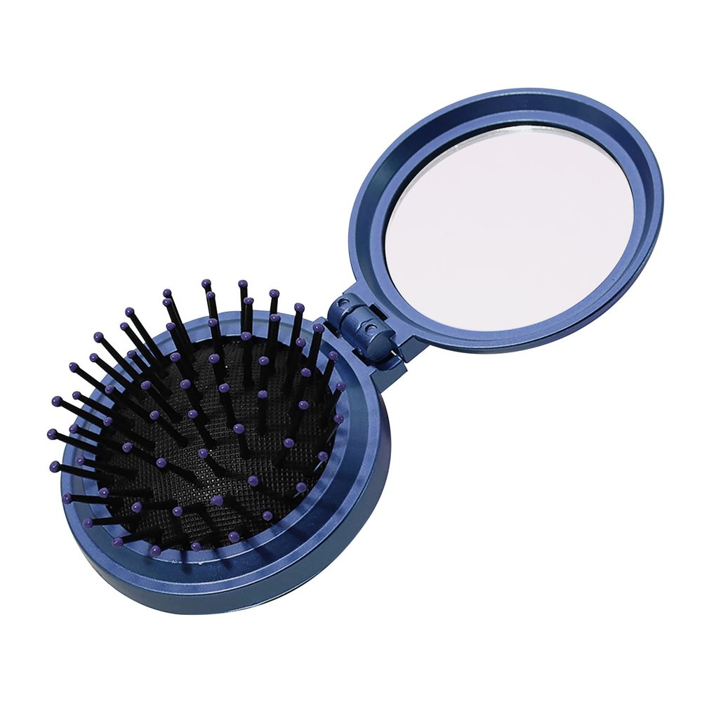 1st Choice Folding Hair Brush with Mirror,Round Mini Compact Massage Comb for Purse/Pocket,Travel Size for Girls and Women (Dark Blue)