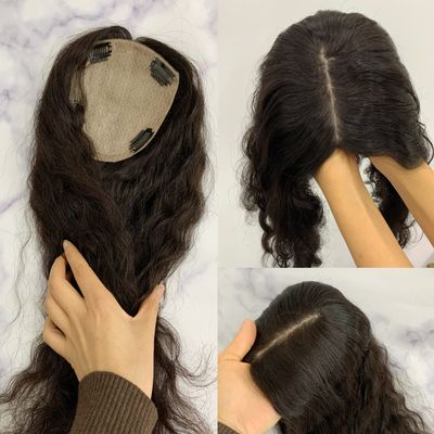 MorningWigs 13 * 15cm Full Silk Based Curly Hair Topper With 10A Grade Human Remy Hair Extension Clips For Women Thinning Hair Help Hair Extension (16 Inches, Natural Black)