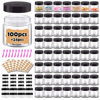 2 oz Plastic Containers with Lids 100pcs Plastic Jars with Lids + 3/5/10 Gram 24pcs Sample Containers Travel Jar Great for Lip Scrub, Body Butters, Cream, Lotion, Labels & Spatulas (124 Pack)