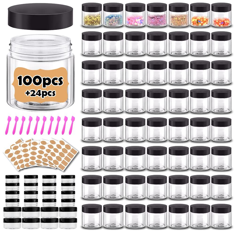 2 oz Plastic Containers with Lids 100pcs Plastic Jars with Lids + 3/5/10 Gram 24pcs Sample Containers Travel Jar Great for Lip Scrub, Body Butters, Cream, Lotion, Labels & Spatulas (124 Pack)
