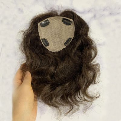 MorningWigs 13 * 15cm Full Silk Based Curly Hair Topper With 10A Grade Human Remy Hair Extension Clips For Women Thinning Hair Help Hair Extension (14 Inches, Chestnut Brown)