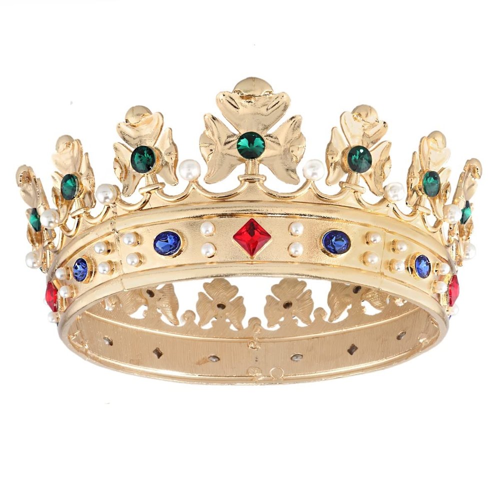 Baroque Royal Crown Men's Metal Prince Hair Crown Full Circle Birthday Party Hair Accessories For Cosplay Prom Pageant Quinceanera (Small Size 6.1" Diameter, Gold With Green Stone)