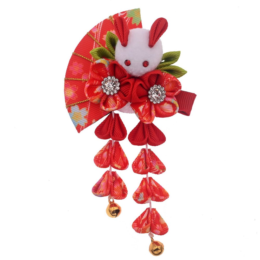 Japanese Hair Clips Kimono Flower HairPin, Women Girls Kimono Hanfu Rabbit Hair Accessories Kanzashi Flower Hair Tie Band Clip Gift (Red)