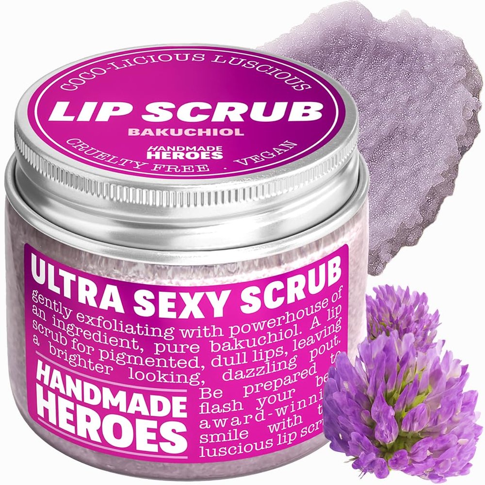 Handmade Heroes Bakuchiol Lip Scrub 1 fl oz Deep Conditioning Lip Plumper Helps Reduce Fine Lines and Wrinkles Appearance 100% Cruelty Free Vegan Lip Care for Luscious Lips