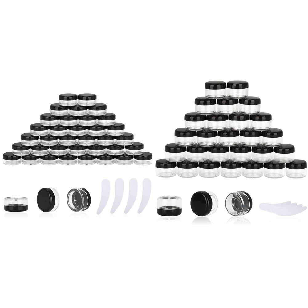 50PCS 3 Gram Sample Containers & 50PCS 5 Gram Sample Containers, Each Set Mini Sample Jars with 4PCS Mini Spatulas, Small Cosmetic Containers with Lids (Black Lid)