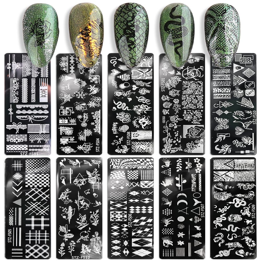 SILPECWEE 10 Pieces Nail Stamping Plate Abstract Nail Stamps Flower Geometry Snake Lace Nail Stencils Nail Art Stamping Kit Nail Design Stamp Nail Decoration for Acrylic Nails