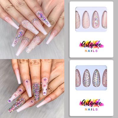 Artquee 2 Sets of Z04 Z08 48pcs French Tip Press on Nails Long Glossy Coffin Fake Nails Nude White Ombre Art with Rhinestones Luxury Design False nails Acrylic Stick on False Nails Tips for Women