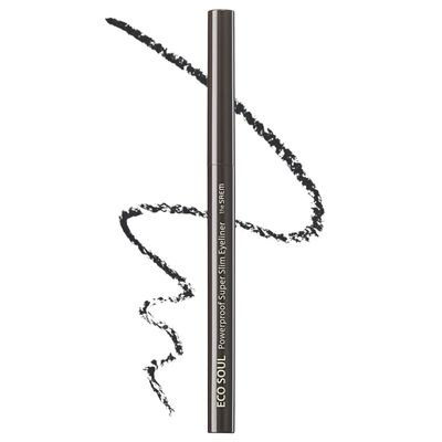 THESAEM Eco Soul Powerproof Super Slim Eyeliner - Smudge Proof Gel Eyeliner - Micro Precision Tip (2mm) - Highly Pigmented & Long-lasting Eye Makeup Glides on Smoothly, 0.1g (BK02 Ash Black)