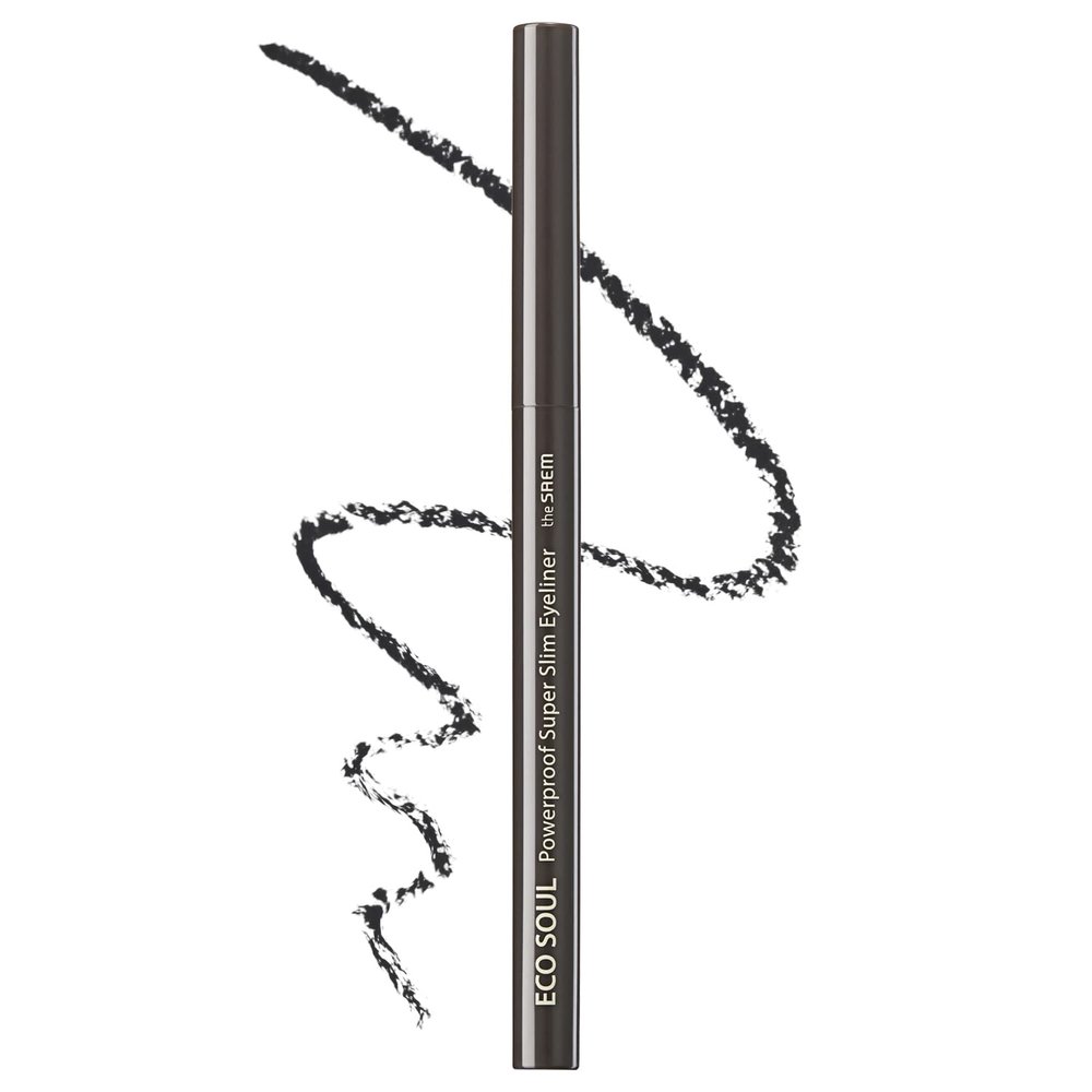 THESAEM Eco Soul Powerproof Super Slim Eyeliner - Smudge Proof Gel Eyeliner - Micro Precision Tip (2mm) - Highly Pigmented & Long-lasting Eye Makeup Glides on Smoothly, 0.1g (BK02 Ash Black)