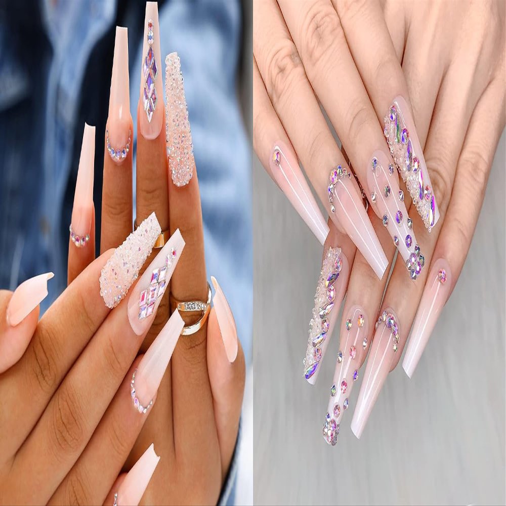 Artquee 2 Sets of Z04 Z19 48pcs French Tip Press on Nails Long Glossy Coffin Fake Nails Nude White Ombre Art with Rhinestones Luxury design False nails Acrylic Stick on False Nails Tips for Women