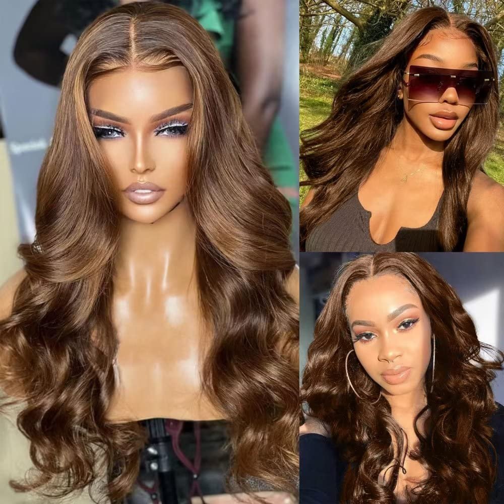 13x4 Lace Frontal Human Hair Wigs HD Transparent Body Wave Brown Color Wig Pre Plucked Natural Hairline Bleached Knots Brazilian Remy Hair With Baby Hair for Black Women 150% Density 24 Inch